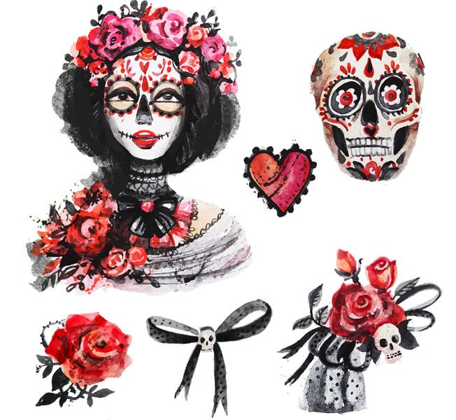 Poduszka ozdobna SUGAR SKULL akwarela pod-6390